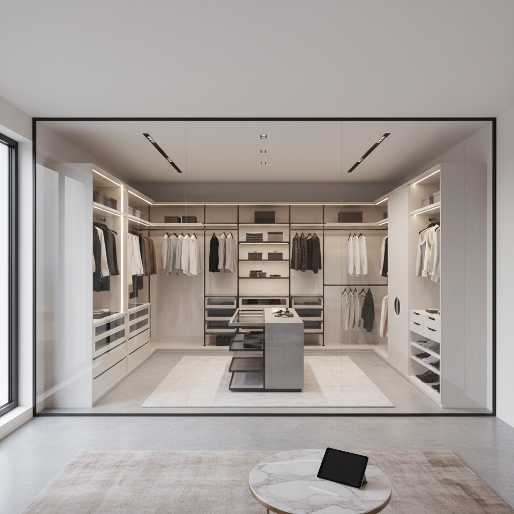 AI design interface showcasing minimalist walk-in closet options.