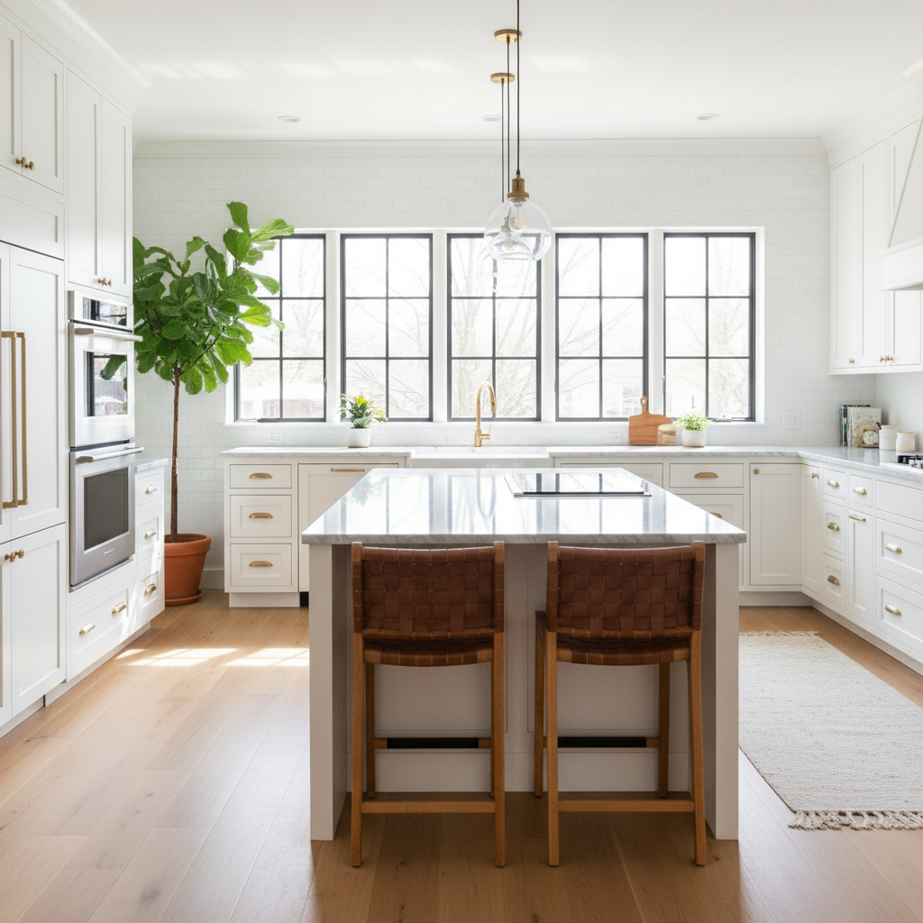A kitchen with natural light streaming through windows