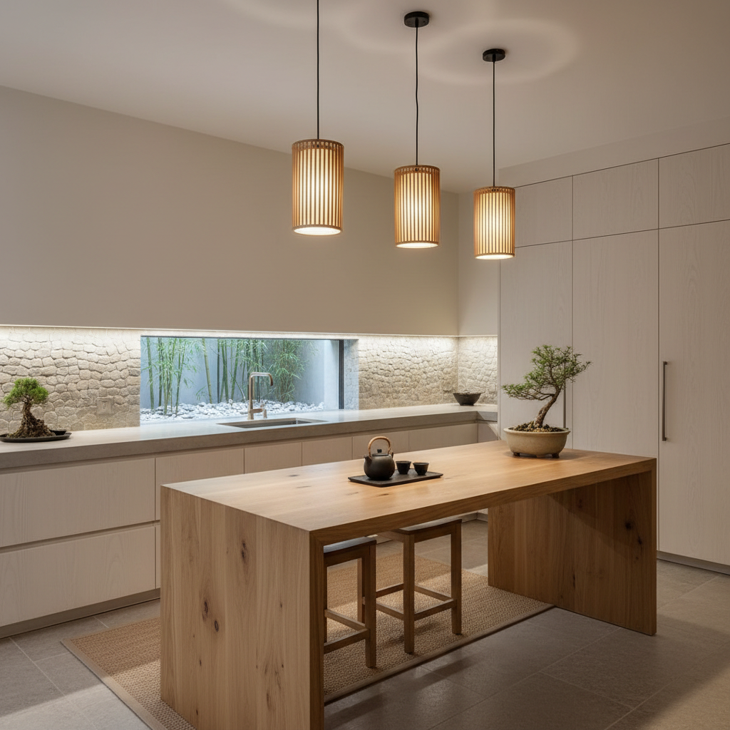 A serene zen kitchen setup featuring natural materials and a minimalistic design.