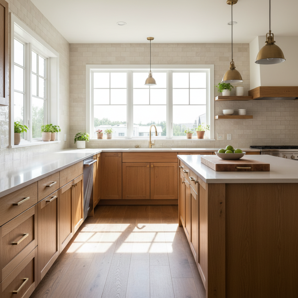 A kitchen with abundant natural light and earthy color tones.