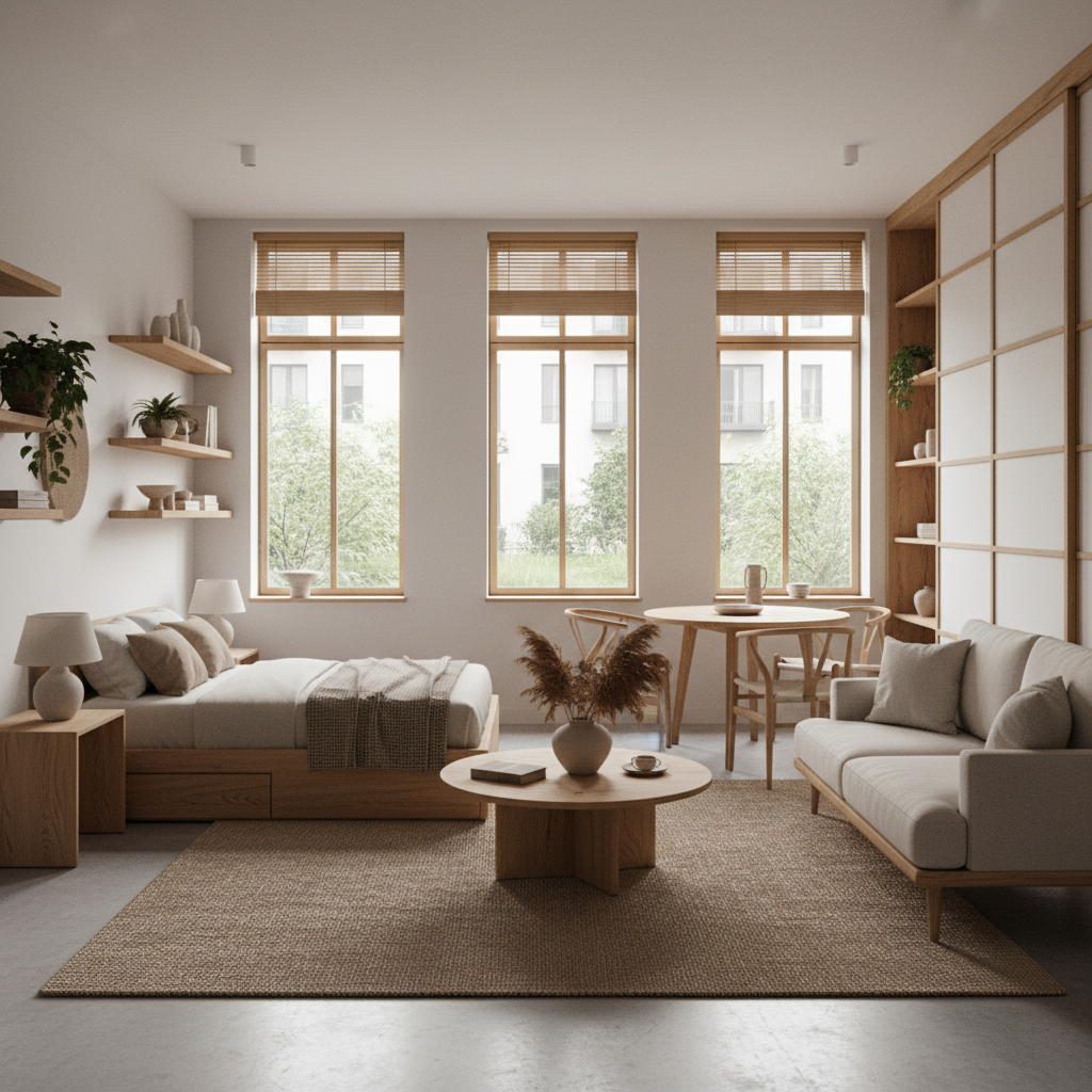 A beautifully designed Japandi studio showcasing minimalistic furniture and natural materials.