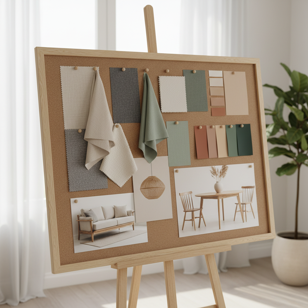 A mood board featuring Japandi design elements, including color palette and furniture ideas.