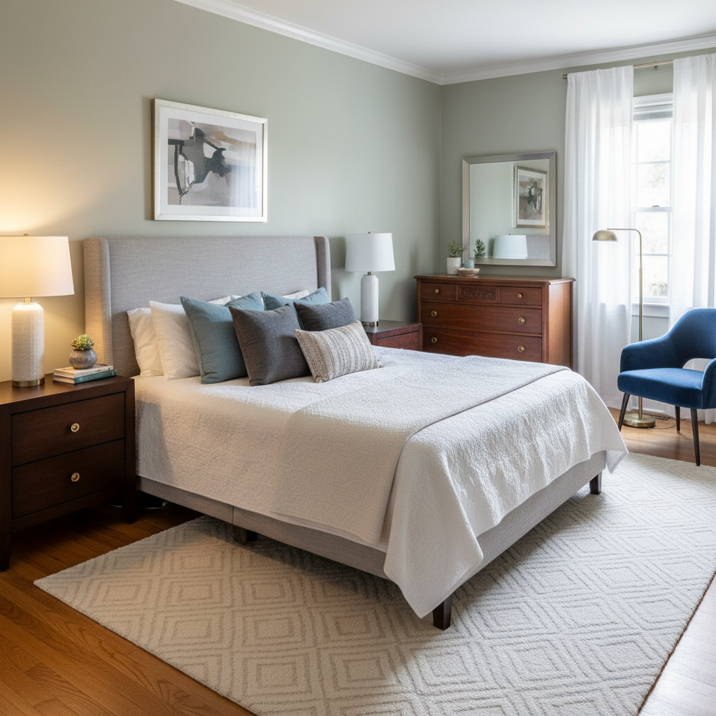 A cozy transitional guest bedroom featuring a mix of traditional and modern furniture.