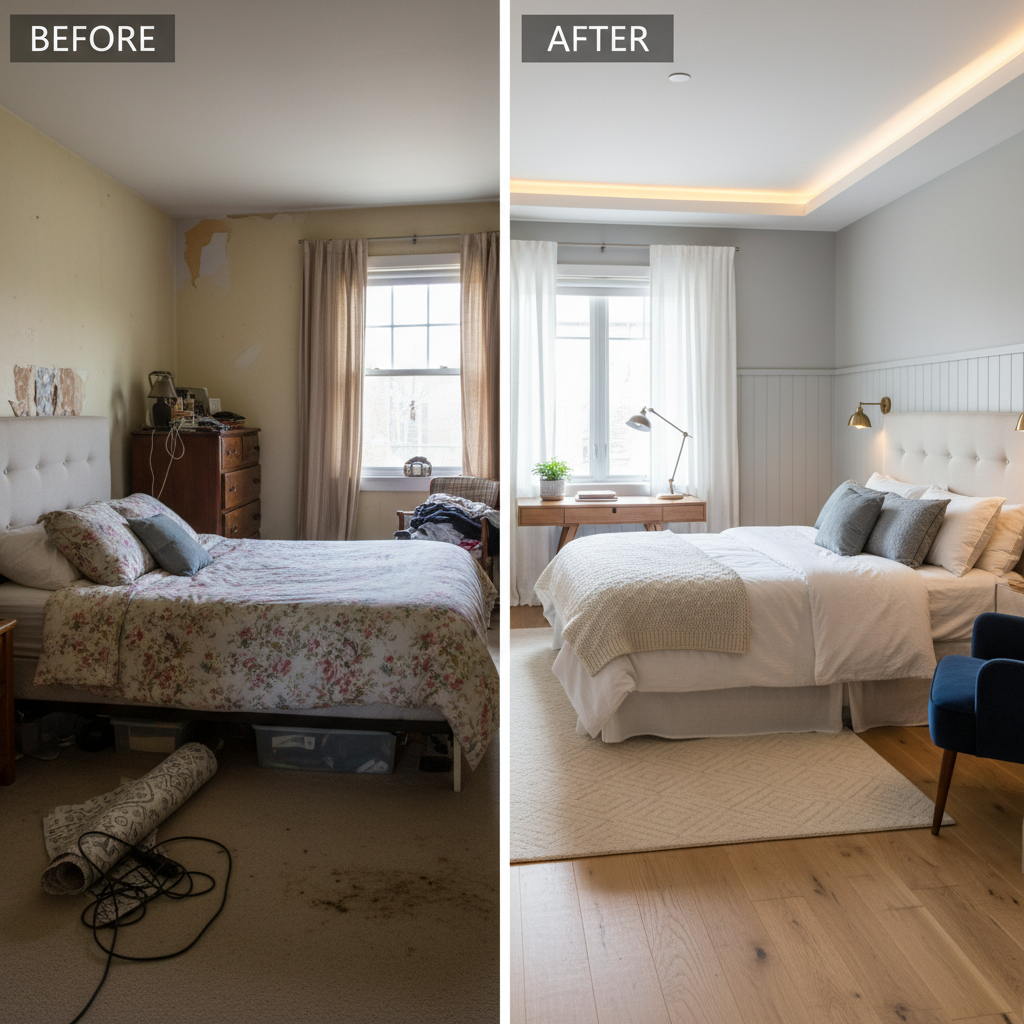 Before and after view of a transitional guest bedroom designed with AI.
