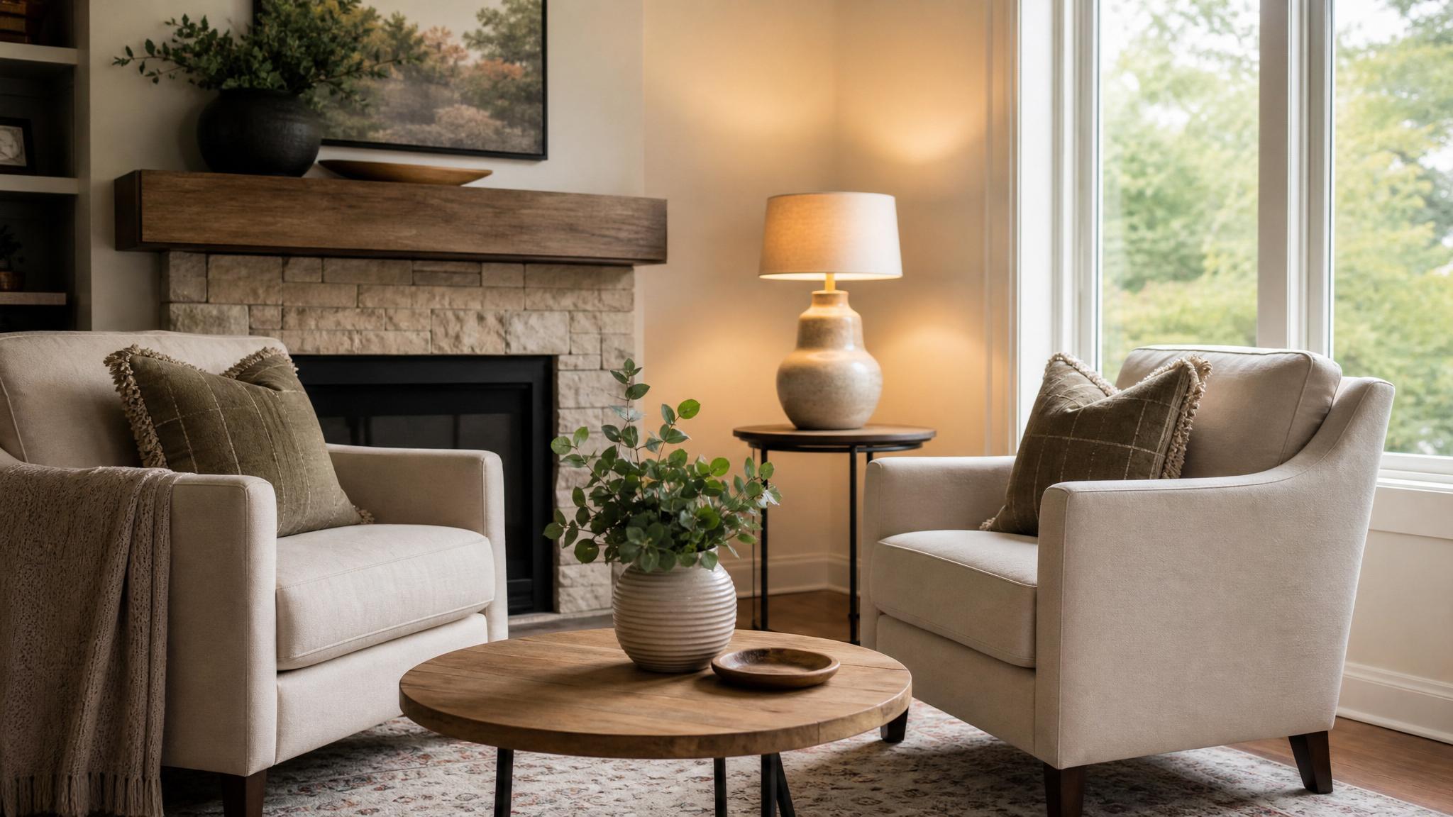 Image illustrating a cozy conversation nook in a small living room.