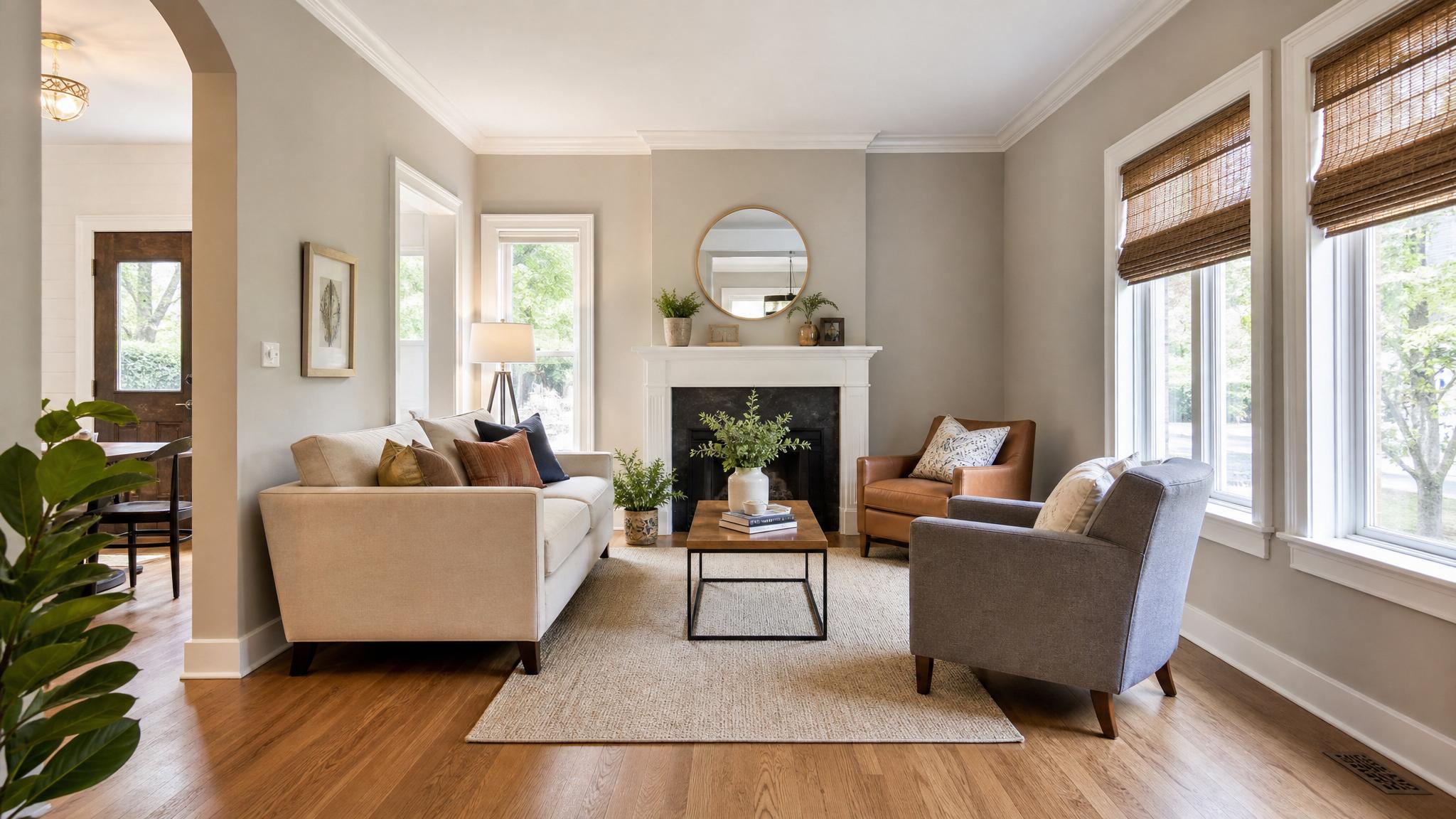 Image showcasing an open layout with floating furniture in a small traditional living room.