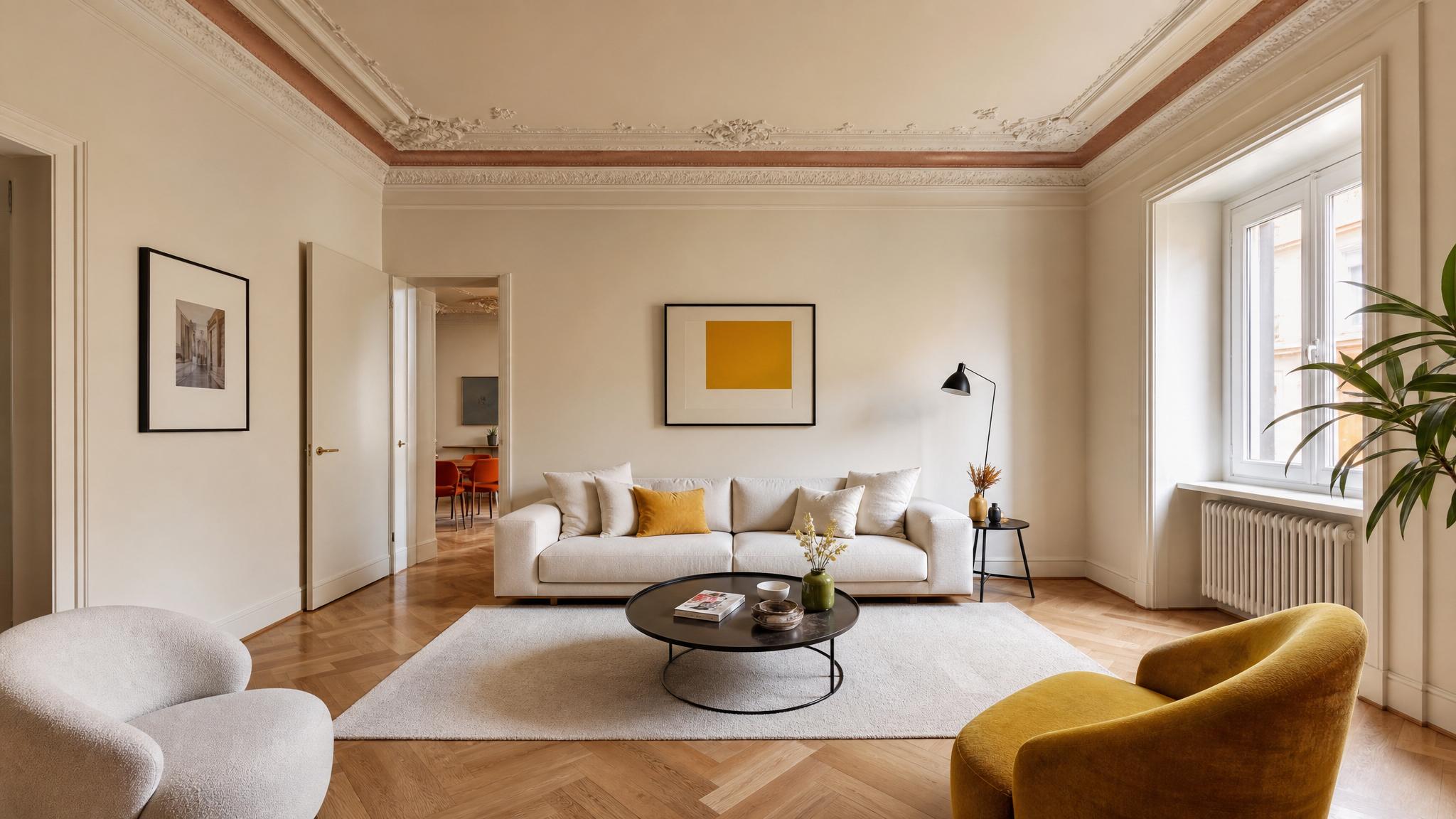 Image of an elegant small Italian modern living room featuring minimalist furniture and bright colors.
