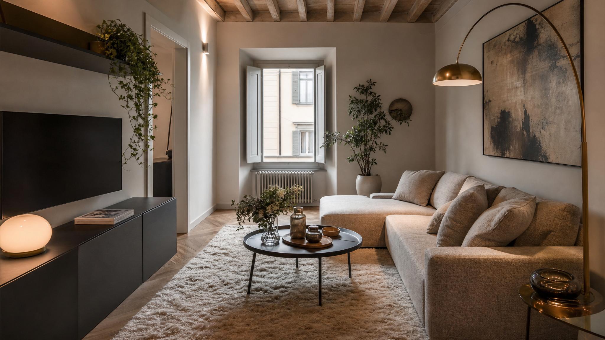 Image of a cozy small Italian modern living room with a plush rug and artistic lighting.