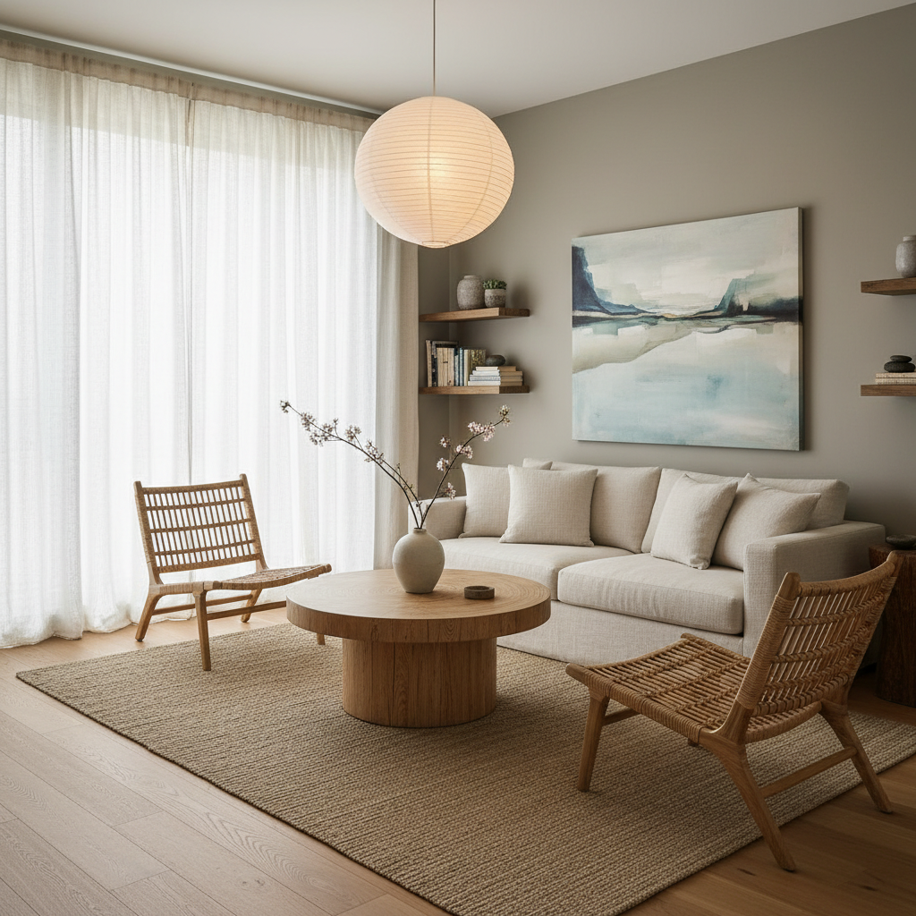 A serene small living room design depicting zen principles with natural materials.