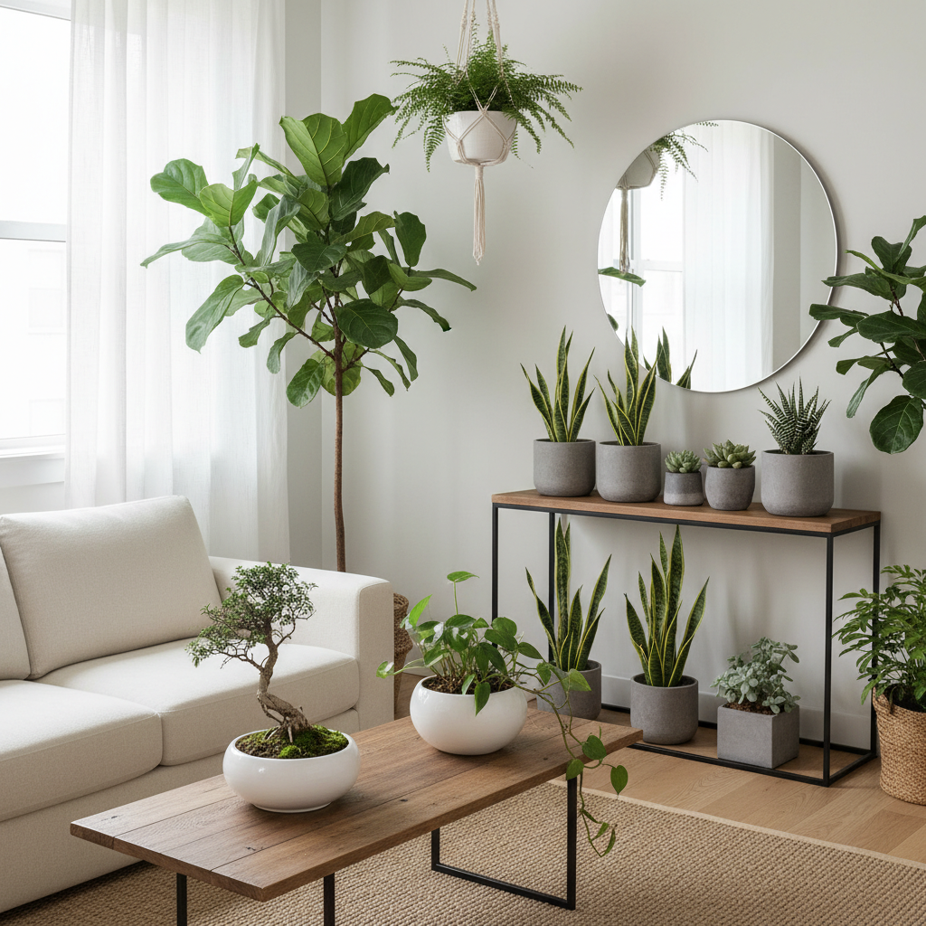 A selection of indoor plants used in zen small living room.