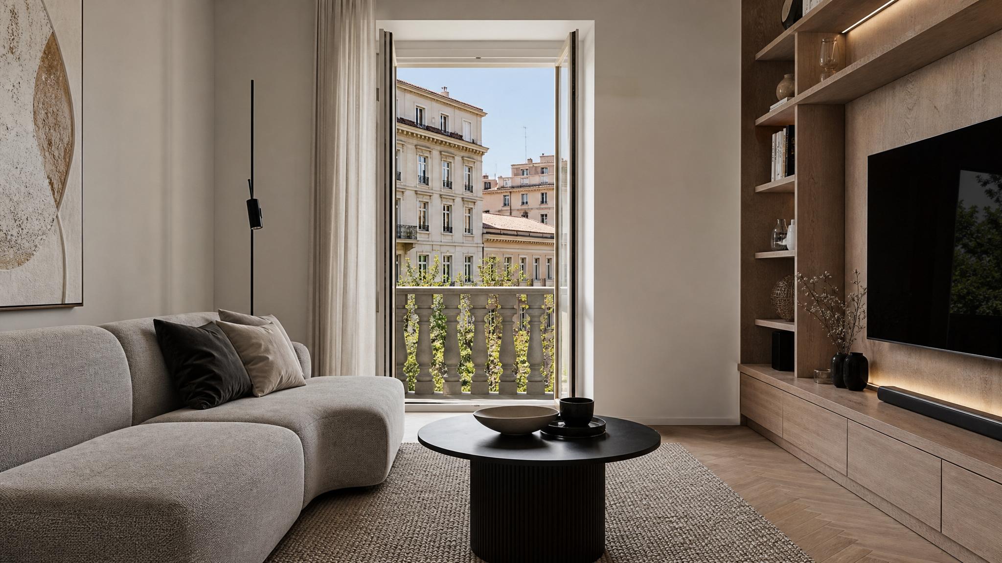 An elegant Italian modern small living room showcasing minimalistic furniture and decor.