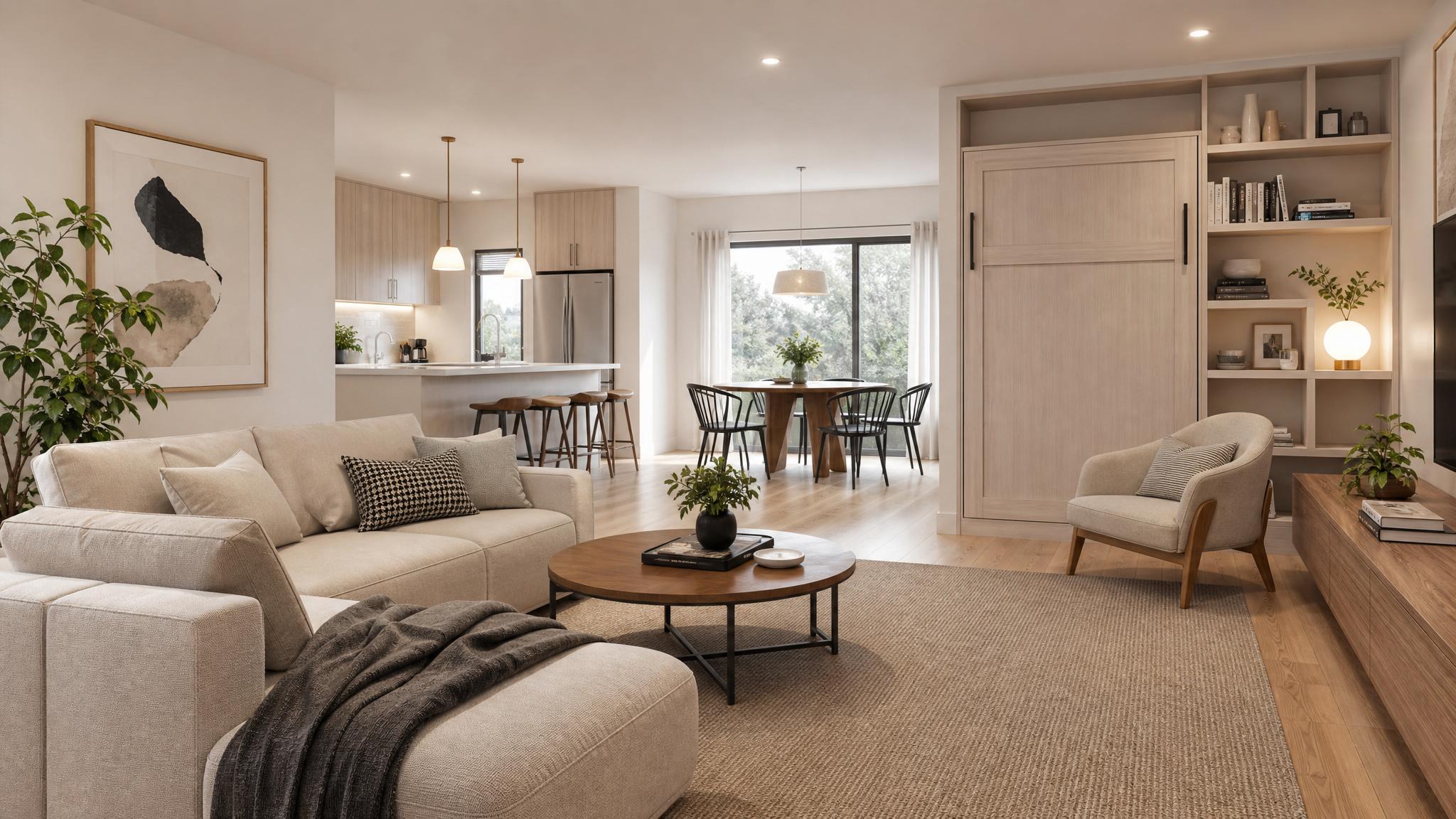 Visualization of an open plan living room layout emphasizing space-saving furniture.