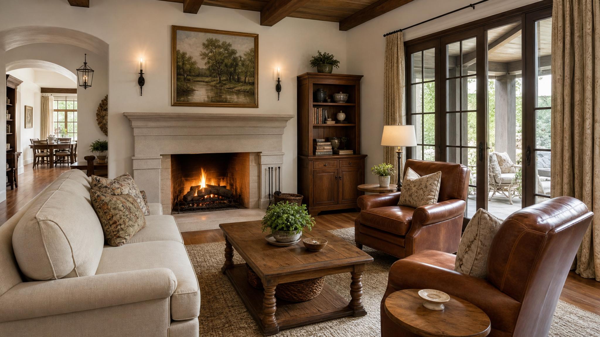 Cozy traditional living room with a fireplace and classic furnishings