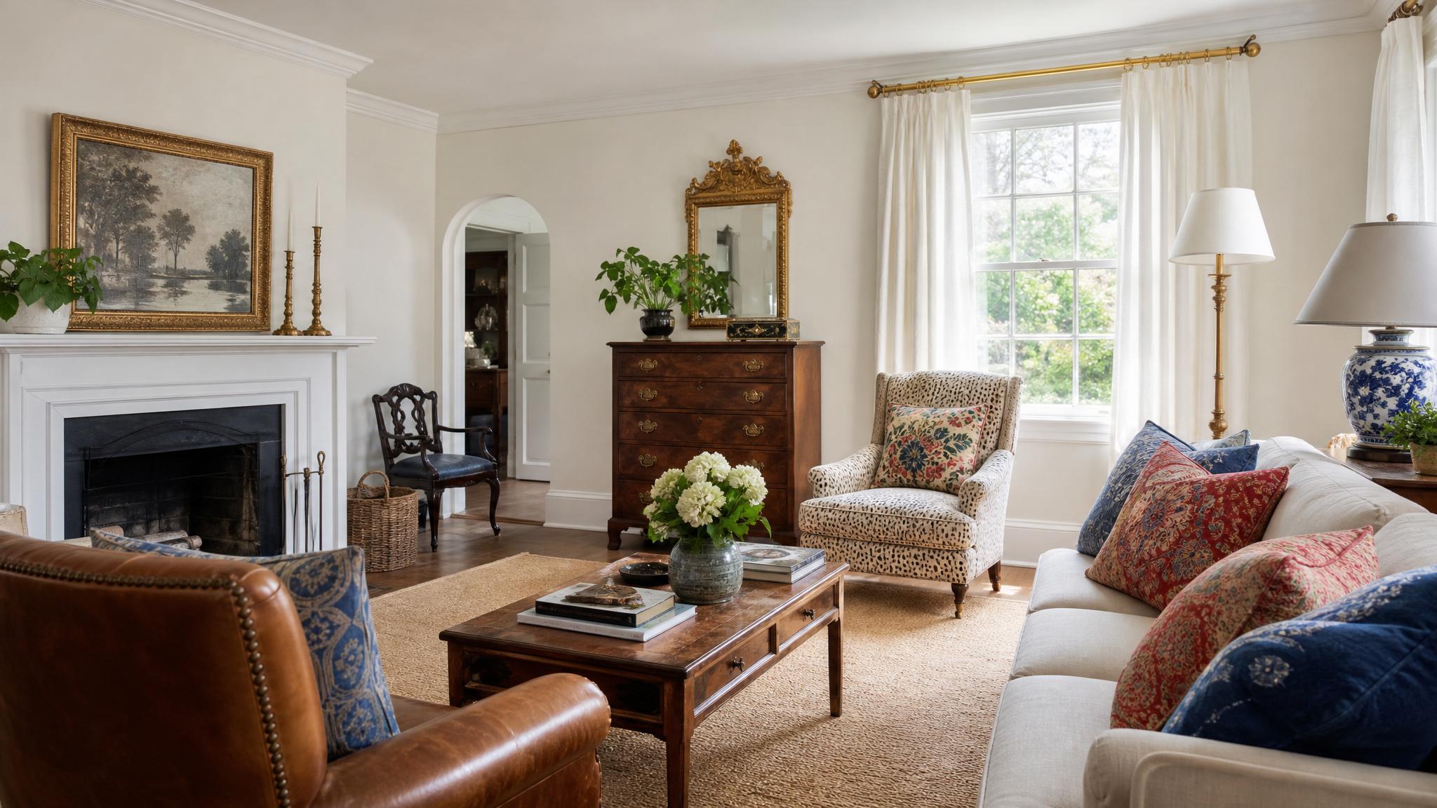 Bright traditional living room with colorful cushions and antique furnishings