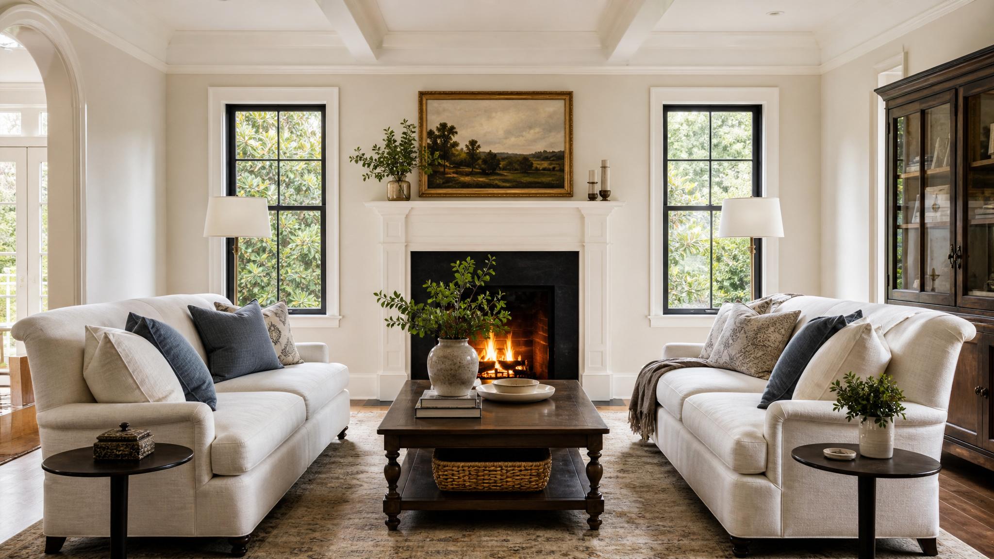 Traditional living room with symmetrical furniture arrangement and a fireplace