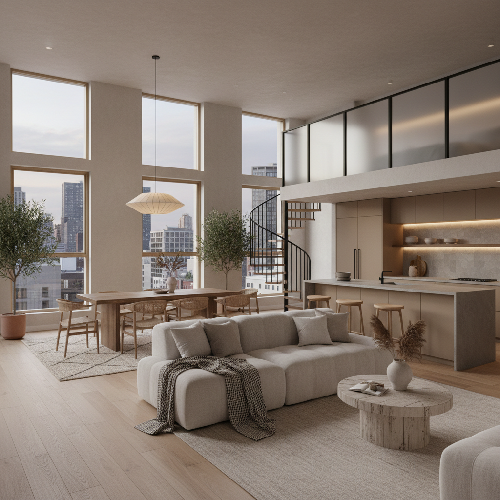 A modern warm minimalism loft with soft hues and natural textures.