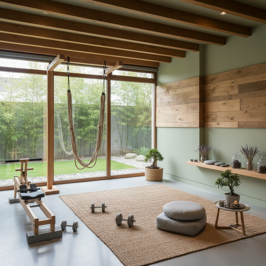 Image of a zen-inspired home gym with natural elements.