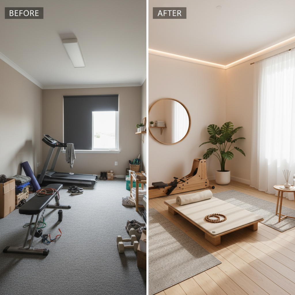Image showcasing before and after of a zen home gym transformation.