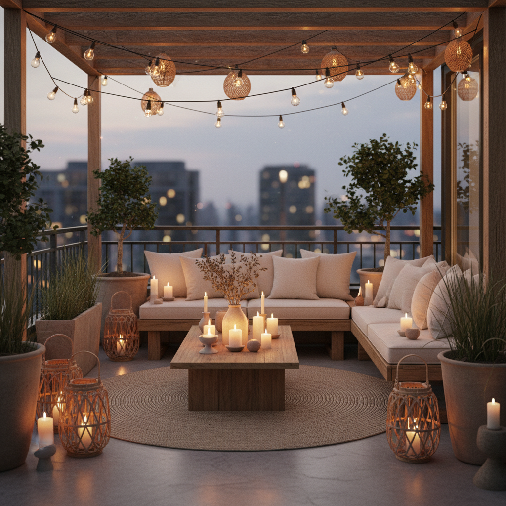Image showcasing ambient lighting setup on a Japandi balcony, highlighting the use of string lights and candles.