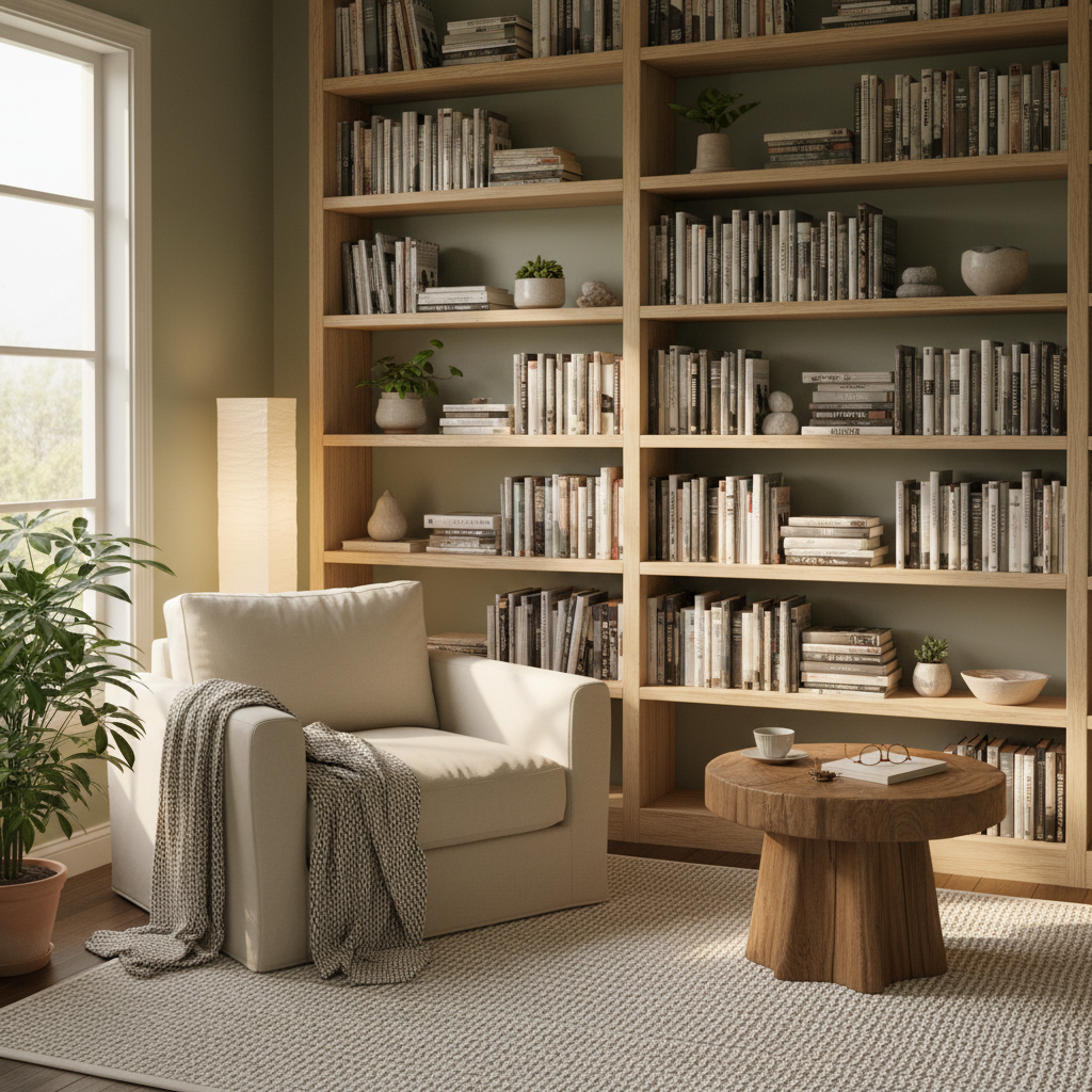 A serene zen reading nook with soft lighting, a comfy chair, and shelves filled with books.