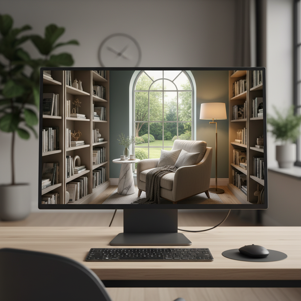 A computer screen displaying an AI-generated interior design of a reading nook.