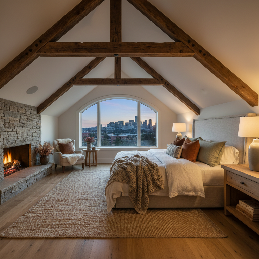 Show a beautifully designed rustic bedroom in a penthouse setting, featuring wooden beams and soft textiles.