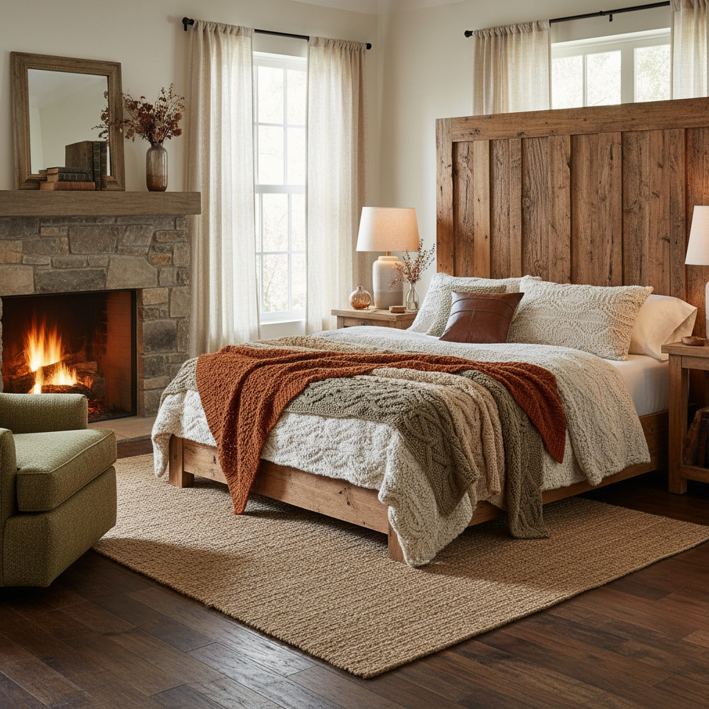 Feature a cozy rustic bed setup with textured blankets and natural wood details.