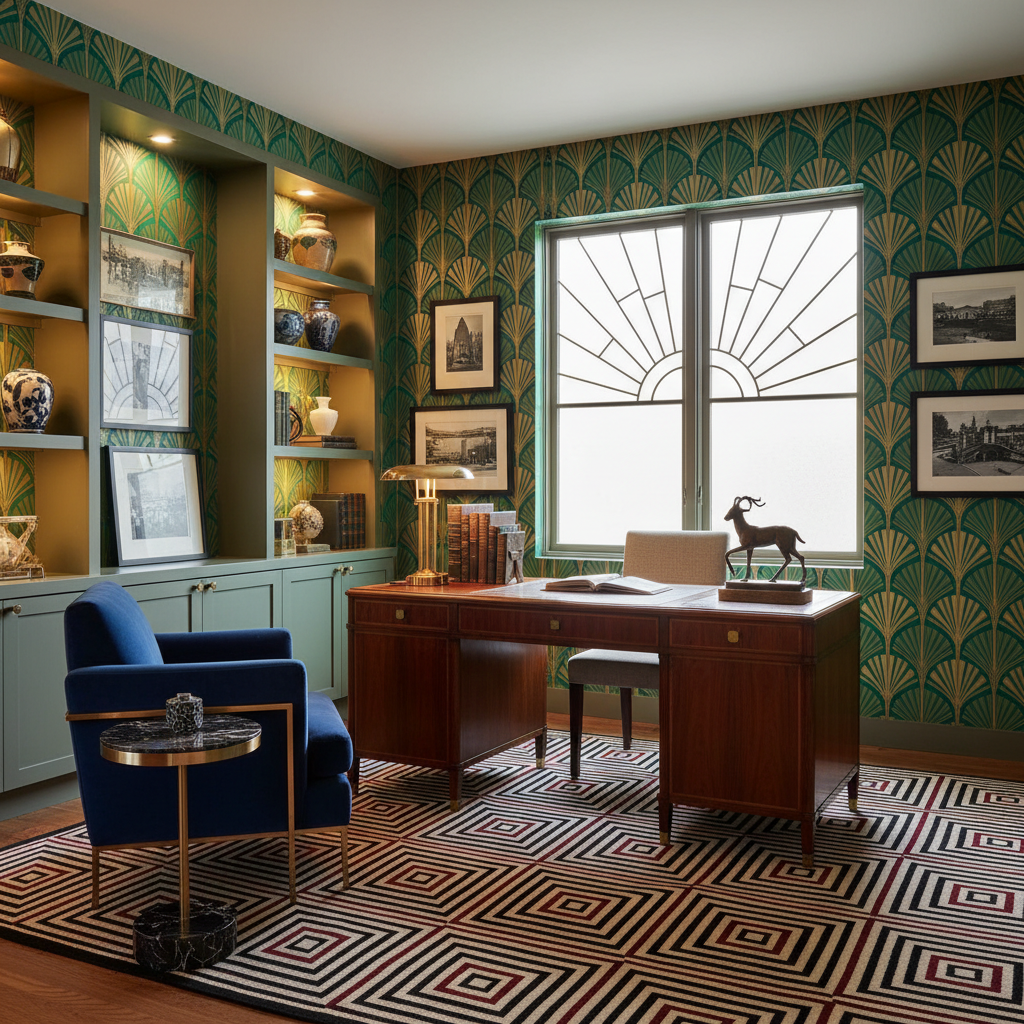 Art Deco style home office with bold geometric patterns and rich colors
