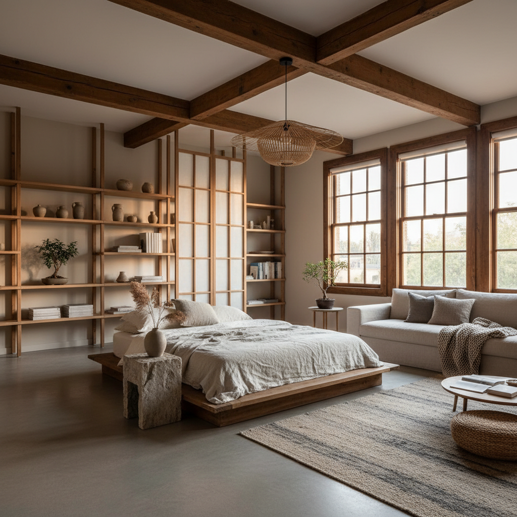 A serene wabi-sabi loft filled with natural materials and earthy tones.