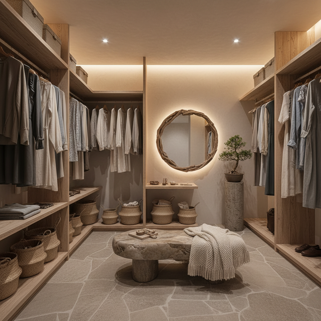 A serene wabi-sabi walk-in closet featuring natural materials and soft lighting.