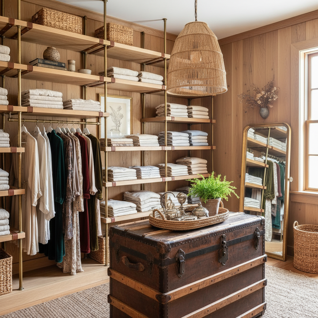 Vintage items and natural textures in a beautifully designed walk-in closet.