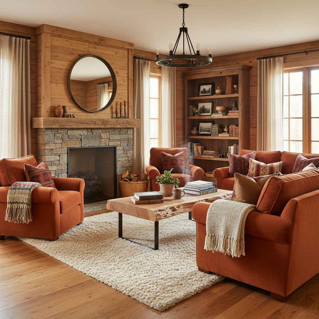 A cozy rustic small living room featuring wooden elements, warm colors, and plush furnishings.