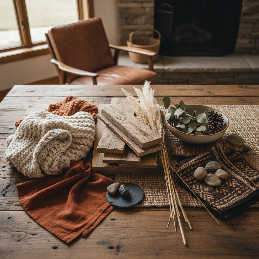A selection of natural materials and warm color palettes ideal for rustic interior design.