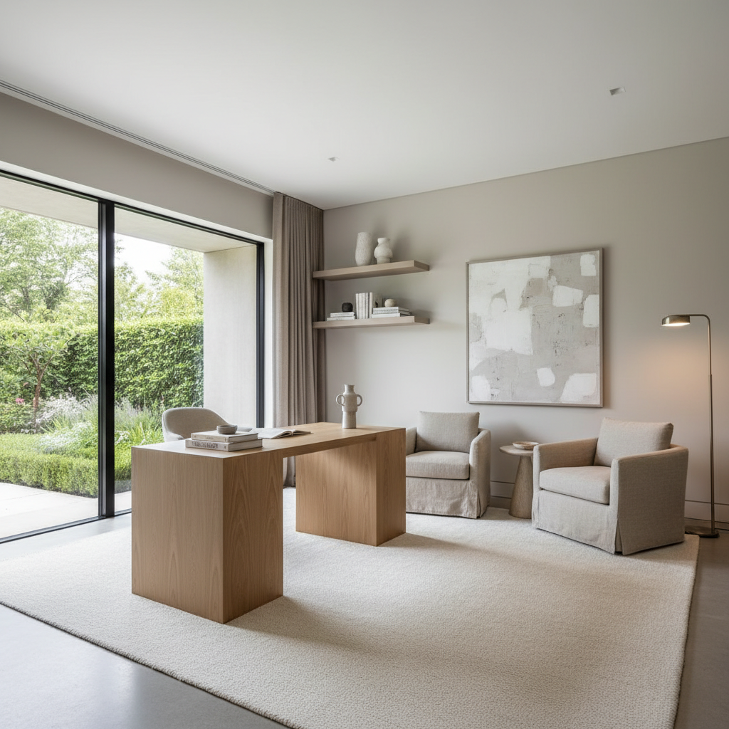 Image of a serene luxury home office with neutral color tones