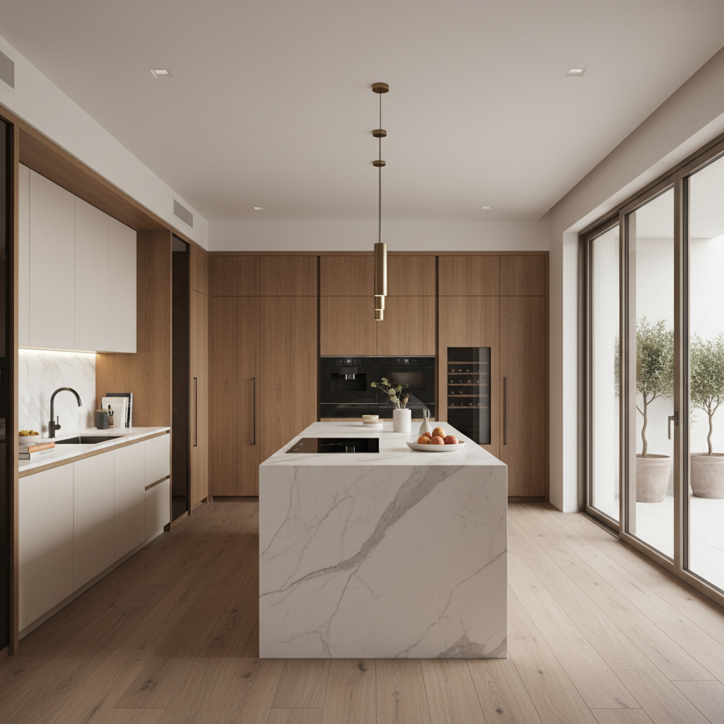 A digital mockup of an Italian modern kitchen with a spacious layout and elegant design features.