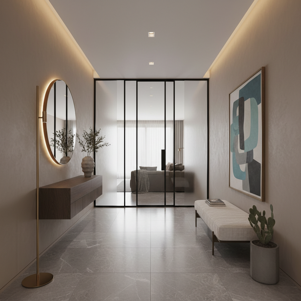 Image of a modern Italian entryway showcasing sleek design and elegant materials.