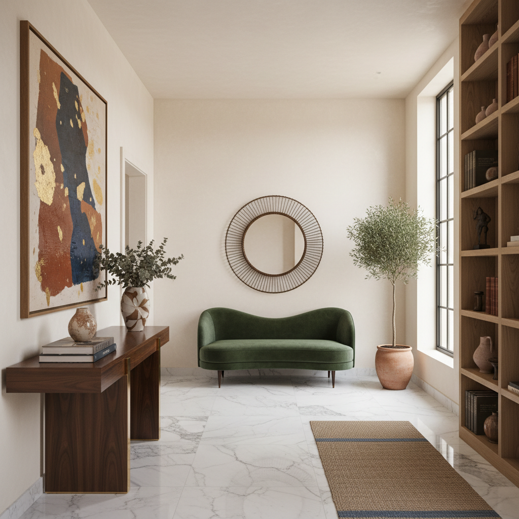 Image of a well-decorated modern Italian entryway featuring furniture and artwork.