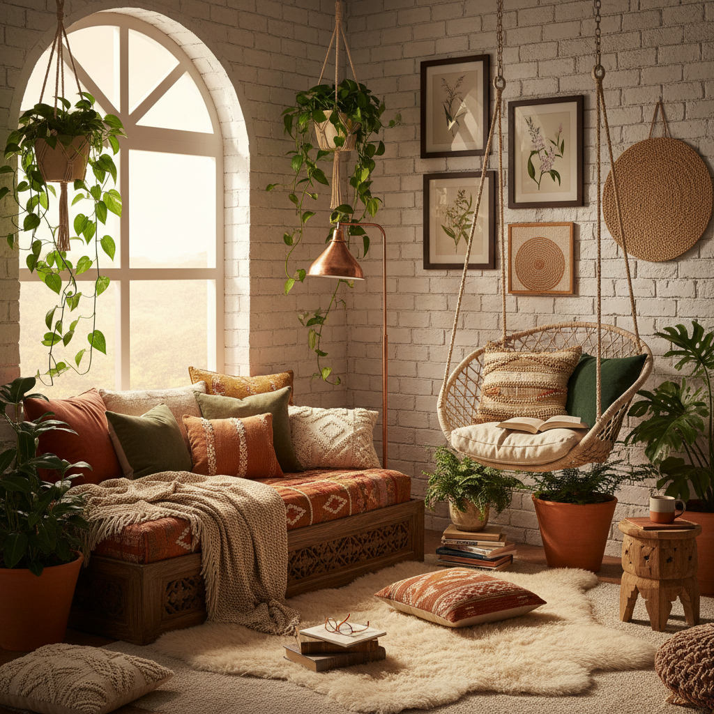 A cozy bohemian reading nook with books, cushions, and plants.