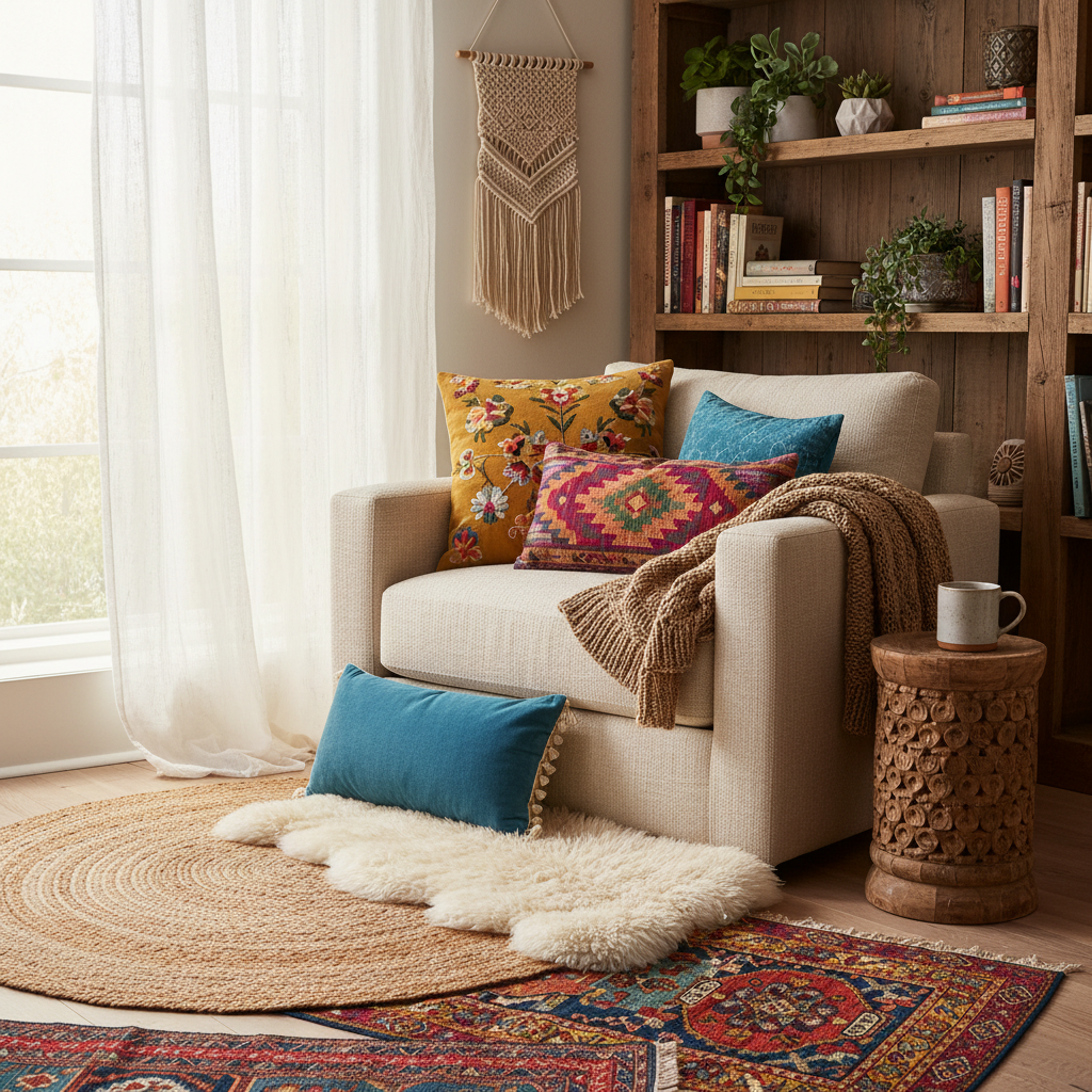 A collection of colorful pillows and rugs in a bohemian reading nook.