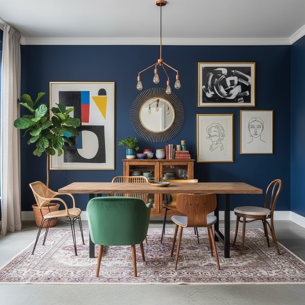 An eclectic dining room with vintage chairs and modern art