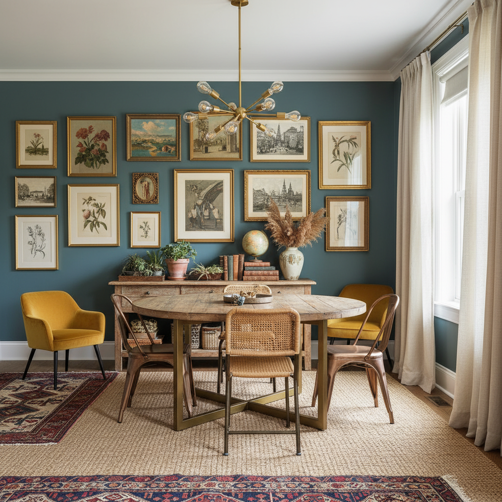 An eclectic dining room with a gallery wall and layered decor