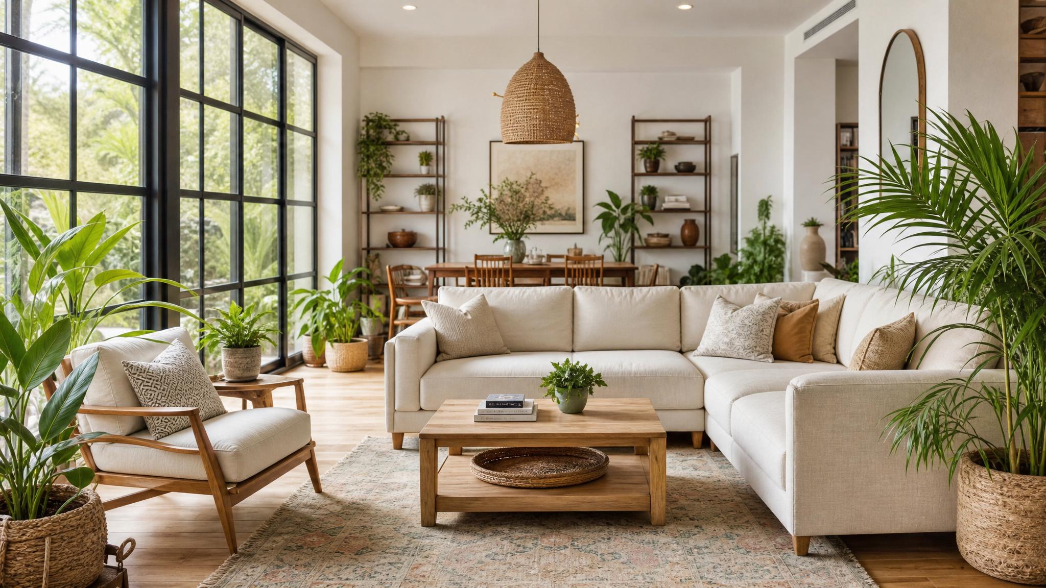 A beautifully designed living room with plenty of plants and natural light.