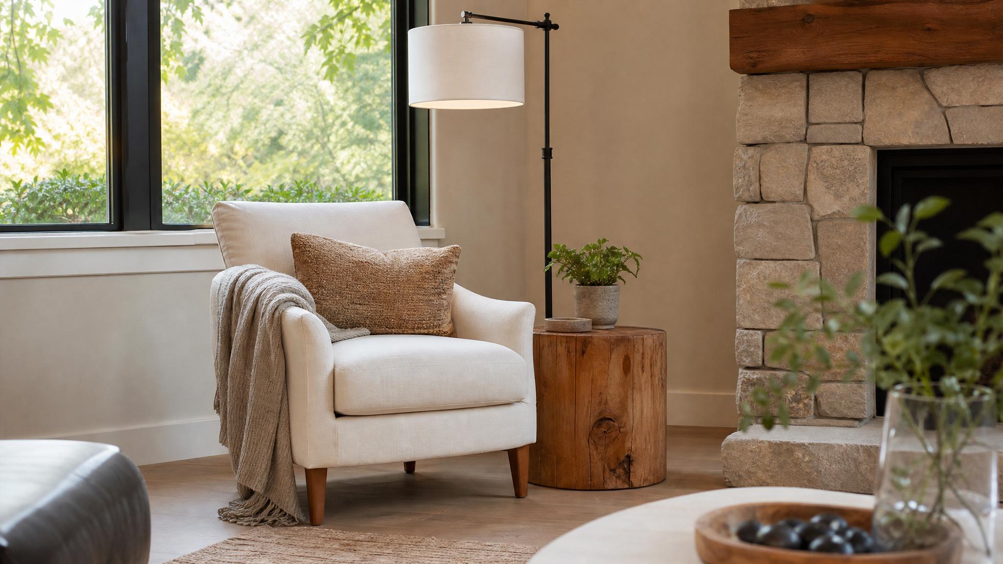 A cozy corner in the living room with seating and natural elements.