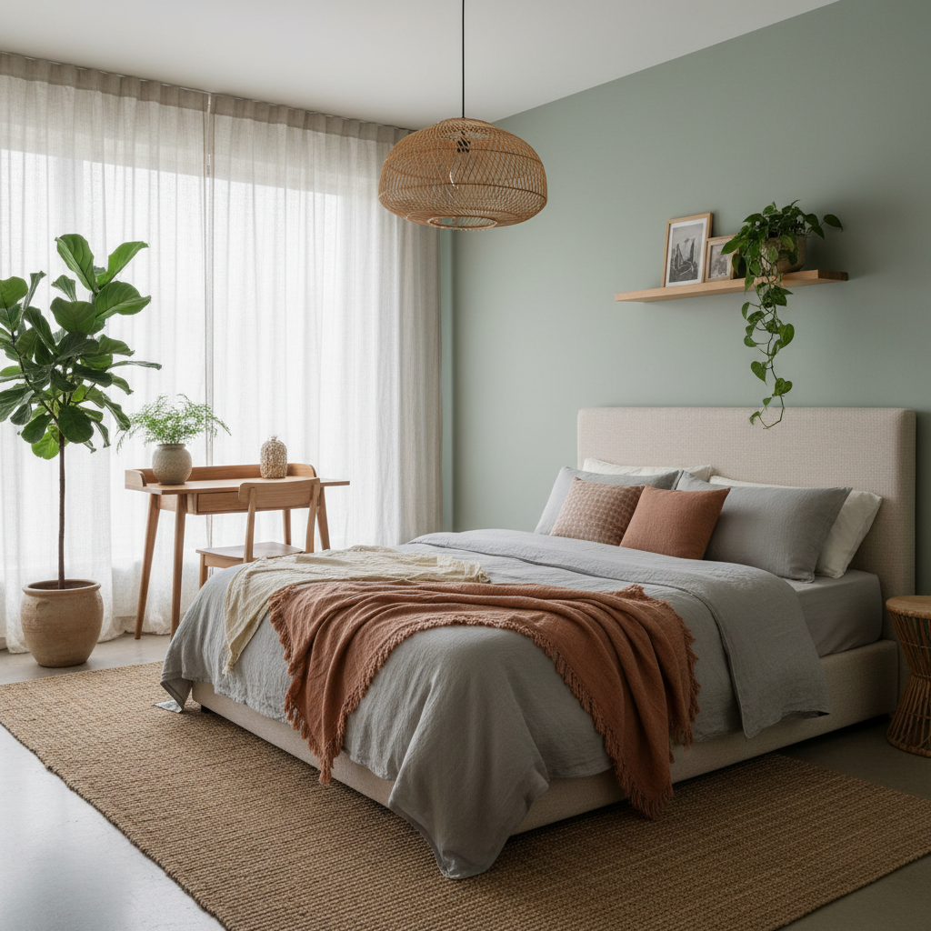 Image of a calming color palette for a biophilic guest bedroom