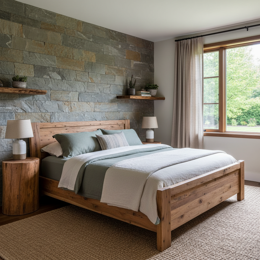 Image showcasing natural materials such as wood and stone in a guest bedroom