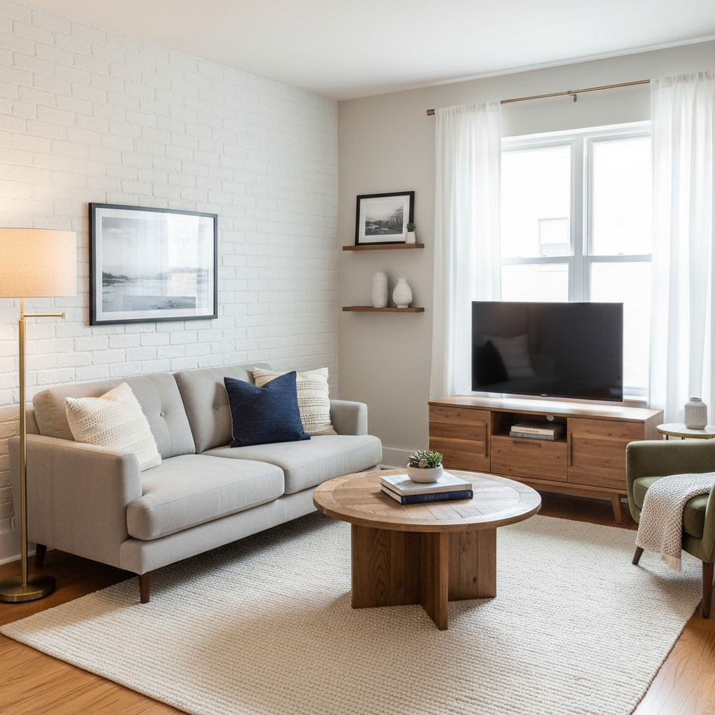 A beautifully staged small living room photo for real estate