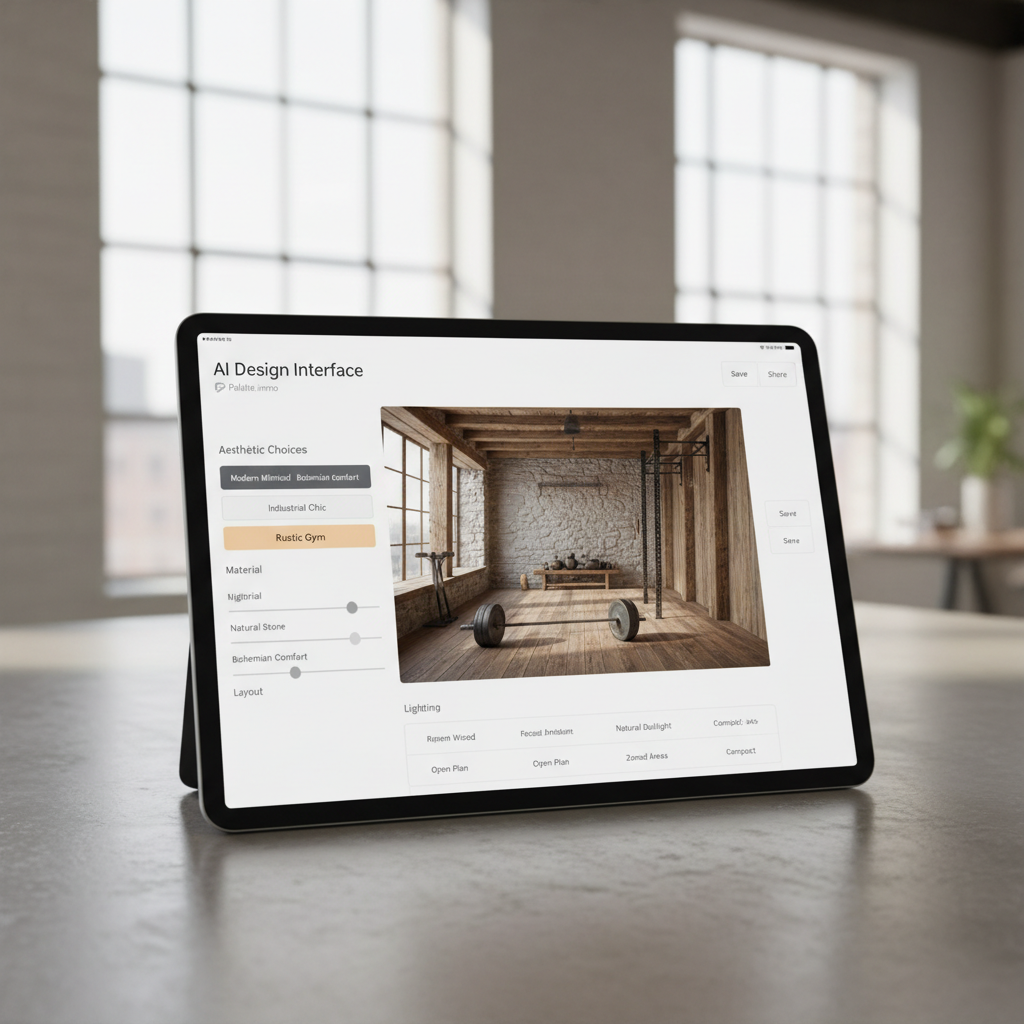A screenshot showing the AI design interface of Palette.immo with options for rustic gym aesthetics.