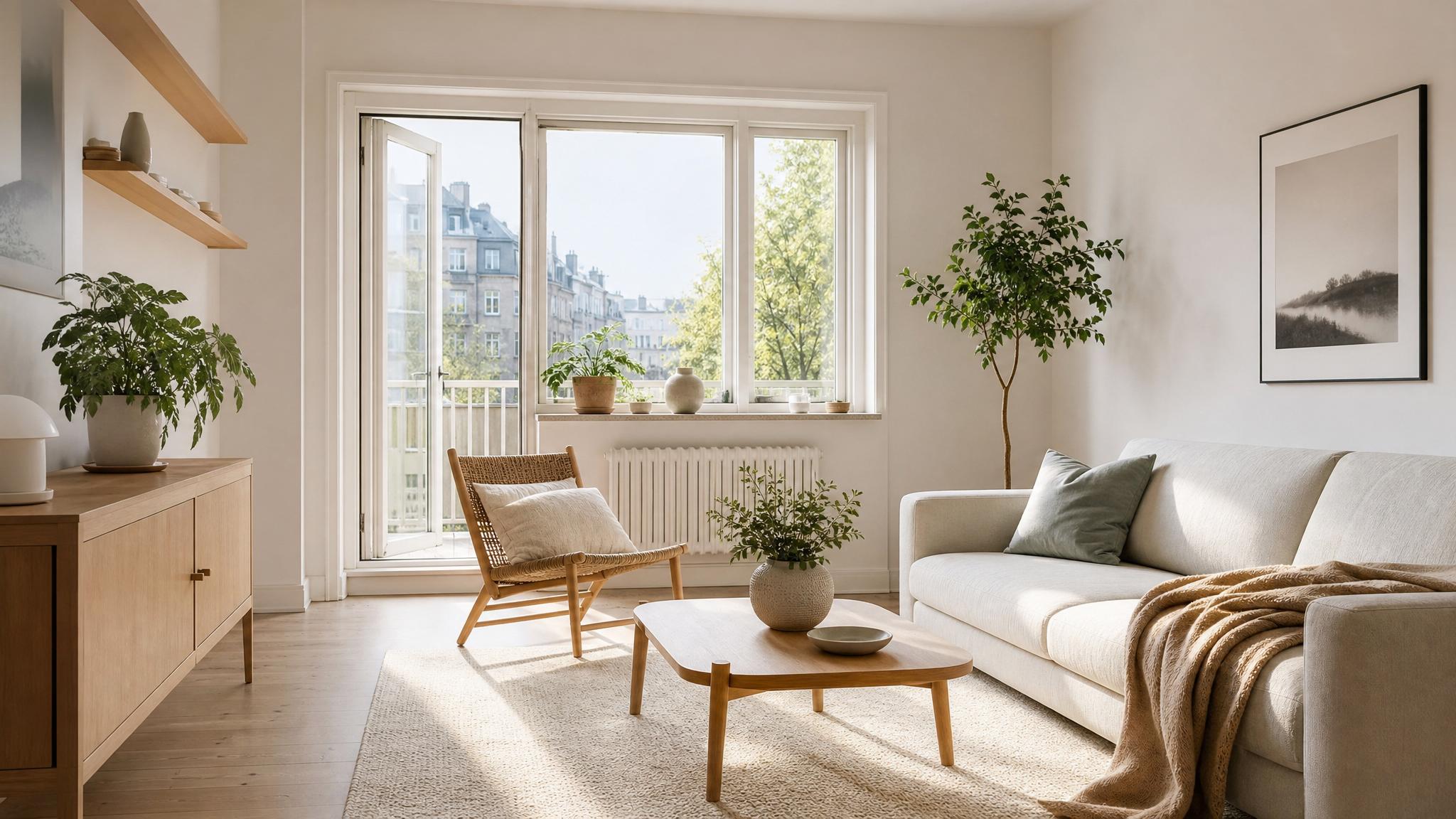 Image of a bright Nordic small living room with natural light