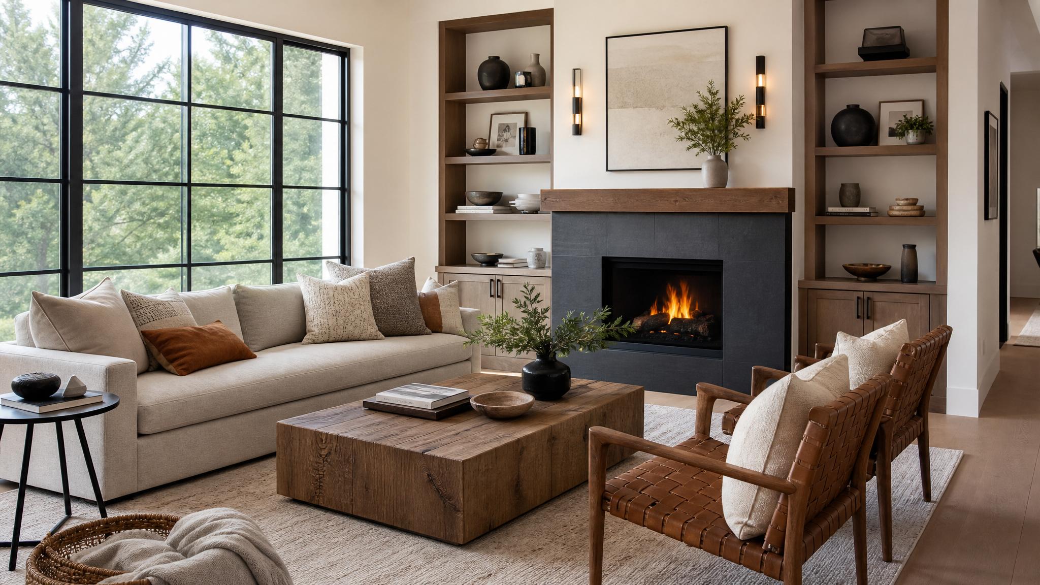Image of a living room with textured accents like pillows and throws