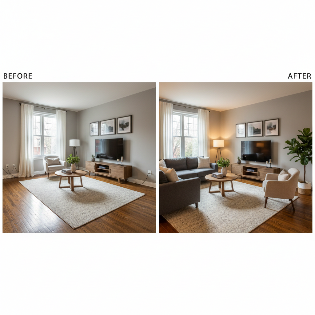Before and after of virtual staging in a living room